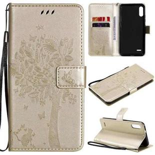 For LG K22 / K22 Plus Tree & Cat Pattern Pressed Printing Horizontal Flip PU Leather Case with Holder & Card Slots & Wallet & Lanyard(Gold)