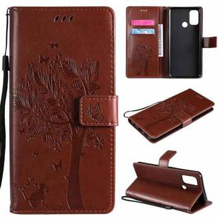 For OPPO A53(2020) / A32 Tree & Cat Pattern Pressed Printing Horizontal Flip PU Leather Case with Holder & Card Slots & Wallet & Lanyard(Coffee)