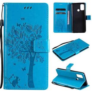 For OPPO A53(2020) / A32 Tree & Cat Pattern Pressed Printing Horizontal Flip PU Leather Case with Holder & Card Slots & Wallet & Lanyard(Blue)