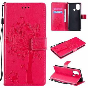 For OPPO A53(2020) / A32 Tree & Cat Pattern Pressed Printing Horizontal Flip PU Leather Case with Holder & Card Slots & Wallet & Lanyard(Rose Red)