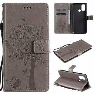 For OPPO A53(2020) / A32 Tree & Cat Pattern Pressed Printing Horizontal Flip PU Leather Case with Holder & Card Slots & Wallet & Lanyard(Grey)
