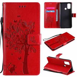 For OPPO A53(2020) / A32 Tree & Cat Pattern Pressed Printing Horizontal Flip PU Leather Case with Holder & Card Slots & Wallet & Lanyard(Red)