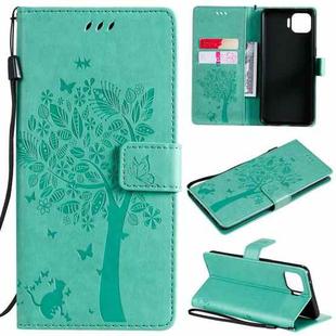 For OPPO F17 Pro / Reno4 Lite Tree & Cat Pattern Pressed Printing Horizontal Flip PU Leather Case with Holder & Card Slots & Wallet & Lanyard(Green)