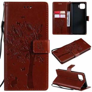 For OPPO F17 Pro / Reno4 Lite Tree & Cat Pattern Pressed Printing Horizontal Flip PU Leather Case with Holder & Card Slots & Wallet & Lanyard(Coffee)