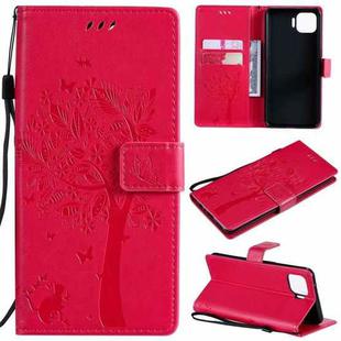 For OPPO F17 Pro / Reno4 Lite Tree & Cat Pattern Pressed Printing Horizontal Flip PU Leather Case with Holder & Card Slots & Wallet & Lanyard(Rose Red)