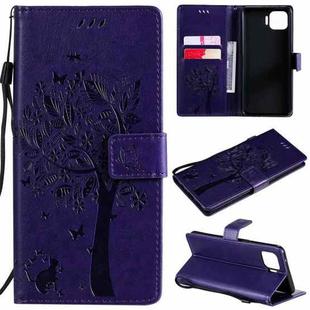 For OPPO F17 Pro / Reno4 Lite Tree & Cat Pattern Pressed Printing Horizontal Flip PU Leather Case with Holder & Card Slots & Wallet & Lanyard(Purple)