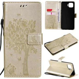For OPPO F17 Pro / Reno4 Lite Tree & Cat Pattern Pressed Printing Horizontal Flip PU Leather Case with Holder & Card Slots & Wallet & Lanyard(Gold)