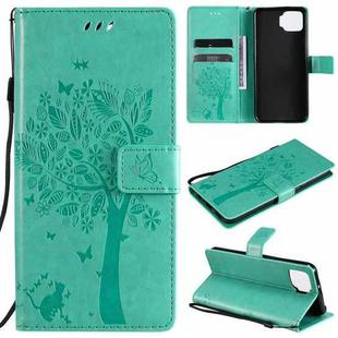For OPPO F17 / A73 Tree & Cat Pattern Pressed Printing Horizontal Flip PU Leather Case with Holder & Card Slots & Wallet & Lanyard(Green)
