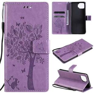 For OPPO F17 / A73 Tree & Cat Pattern Pressed Printing Horizontal Flip PU Leather Case with Holder & Card Slots & Wallet & Lanyard(Light Purple)