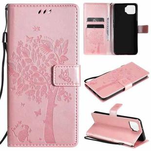 For OPPO F17 / A73 Tree & Cat Pattern Pressed Printing Horizontal Flip PU Leather Case with Holder & Card Slots & Wallet & Lanyard(Rose Gold)