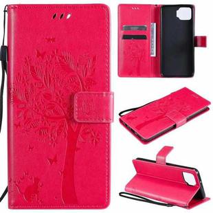 For OPPO F17 / A73 Tree & Cat Pattern Pressed Printing Horizontal Flip PU Leather Case with Holder & Card Slots & Wallet & Lanyard(Rose Red)