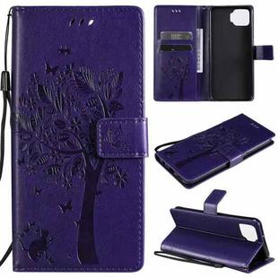 For OPPO F17 / A73 Tree & Cat Pattern Pressed Printing Horizontal Flip PU Leather Case with Holder & Card Slots & Wallet & Lanyard(Purple)