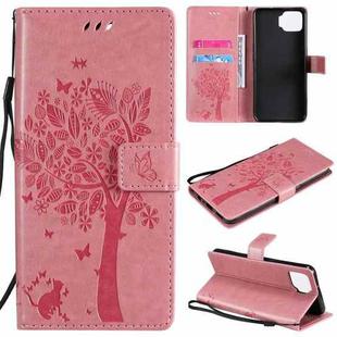 For OPPO F17 / A73 Tree & Cat Pattern Pressed Printing Horizontal Flip PU Leather Case with Holder & Card Slots & Wallet & Lanyard(Pink)