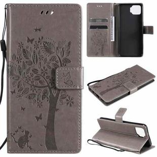 For OPPO F17 / A73 Tree & Cat Pattern Pressed Printing Horizontal Flip PU Leather Case with Holder & Card Slots & Wallet & Lanyard(Grey)