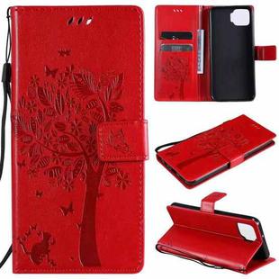 For OPPO F17 / A73 Tree & Cat Pattern Pressed Printing Horizontal Flip PU Leather Case with Holder & Card Slots & Wallet & Lanyard(Red)