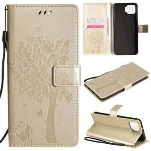 For OPPO F17 / A73 Tree & Cat Pattern Pressed Printing Horizontal Flip PU Leather Case with Holder & Card Slots & Wallet & Lanyard(Gold)