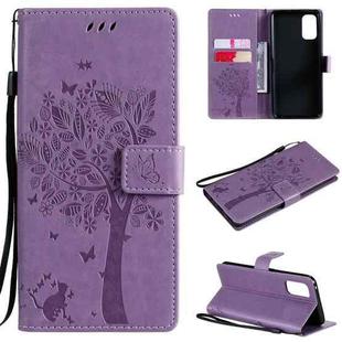 For OPPO Realme 7 Pro Tree & Cat Pattern Pressed Printing Horizontal Flip PU Leather Case with Holder & Card Slots & Wallet & Lanyard(Light Purple)