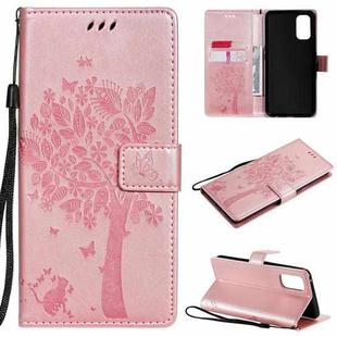 For OPPO Realme 7 Pro Tree & Cat Pattern Pressed Printing Horizontal Flip PU Leather Case with Holder & Card Slots & Wallet & Lanyard(Rose Gold)