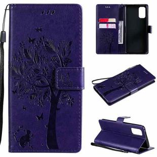 For OPPO Realme 7 Pro Tree & Cat Pattern Pressed Printing Horizontal Flip PU Leather Case with Holder & Card Slots & Wallet & Lanyard(Purple)