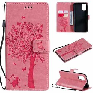 For OPPO Realme 7 Pro Tree & Cat Pattern Pressed Printing Horizontal Flip PU Leather Case with Holder & Card Slots & Wallet & Lanyard(Pink)