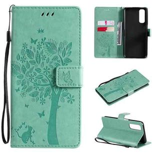 For OPPO Realme 7 Tree & Cat Pattern Pressed Printing Horizontal Flip PU Leather Case with Holder & Card Slots & Wallet & Lanyard(Green)