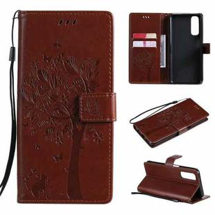 For OPPO Realme 7 Tree & Cat Pattern Pressed Printing Horizontal Flip PU Leather Case with Holder & Card Slots & Wallet & Lanyard(Coffee)