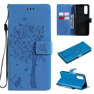 For OPPO Realme 7 Tree & Cat Pattern Pressed Printing Horizontal Flip PU Leather Case with Holder & Card Slots & Wallet & Lanyard(Blue)