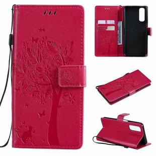For OPPO Realme 7 Tree & Cat Pattern Pressed Printing Horizontal Flip PU Leather Case with Holder & Card Slots & Wallet & Lanyard(Rose Red)