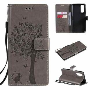 For OPPO Realme 7 Tree & Cat Pattern Pressed Printing Horizontal Flip PU Leather Case with Holder & Card Slots & Wallet & Lanyard(Grey)