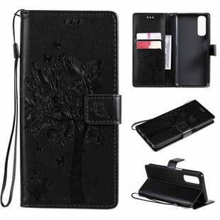 For OPPO Realme 7 Tree & Cat Pattern Pressed Printing Horizontal Flip PU Leather Case with Holder & Card Slots & Wallet & Lanyard(Black)