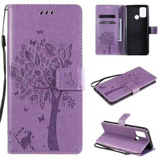 For OPPO Realme 7i / C17 Tree & Cat Pattern Pressed Printing Horizontal Flip PU Leather Case with Holder & Card Slots & Wallet & Lanyard(Light Purple)