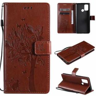 For OPPO Realme 7i / C17 Tree & Cat Pattern Pressed Printing Horizontal Flip PU Leather Case with Holder & Card Slots & Wallet & Lanyard(Coffee)