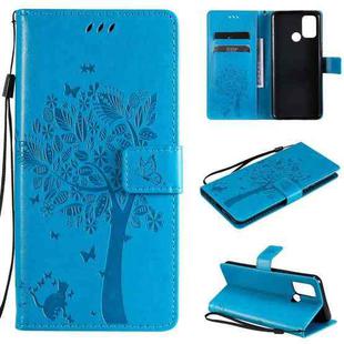 For OPPO Realme 7i / C17 Tree & Cat Pattern Pressed Printing Horizontal Flip PU Leather Case with Holder & Card Slots & Wallet & Lanyard(Blue)