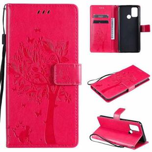 For OPPO Realme 7i / C17 Tree & Cat Pattern Pressed Printing Horizontal Flip PU Leather Case with Holder & Card Slots & Wallet & Lanyard(Rose Red)