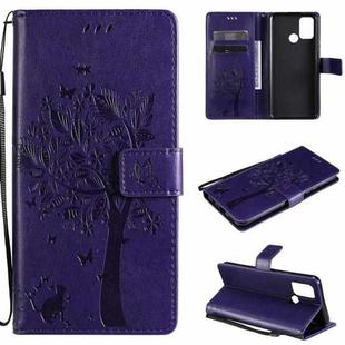 For OPPO Realme 7i / C17 Tree & Cat Pattern Pressed Printing Horizontal Flip PU Leather Case with Holder & Card Slots & Wallet & Lanyard(Purple)