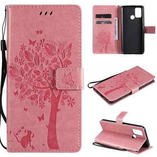 For OPPO Realme 7i / C17 Tree & Cat Pattern Pressed Printing Horizontal Flip PU Leather Case with Holder & Card Slots & Wallet & Lanyard(Pink)