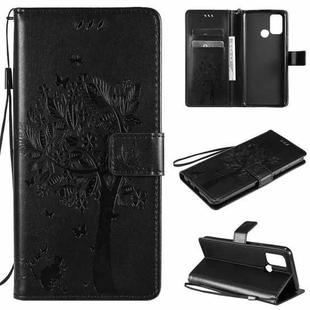 For OPPO Realme 7i / C17 Tree & Cat Pattern Pressed Printing Horizontal Flip PU Leather Case with Holder & Card Slots & Wallet & Lanyard(Black)