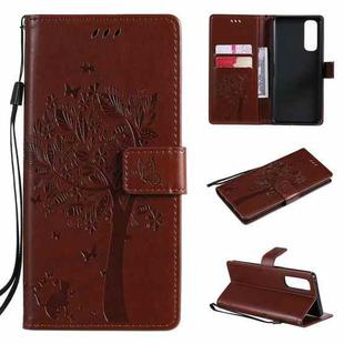 For OPPO Reno4 Pro 4G Tree & Cat Pattern Pressed Printing Horizontal Flip PU Leather Case with Holder & Card Slots & Wallet & Lanyard(Coffee)