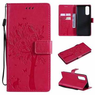 For OPPO Reno4 Pro 4G Tree & Cat Pattern Pressed Printing Horizontal Flip PU Leather Case with Holder & Card Slots & Wallet & Lanyard(Rose Red)