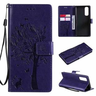 For OPPO Reno4 Pro 4G Tree & Cat Pattern Pressed Printing Horizontal Flip PU Leather Case with Holder & Card Slots & Wallet & Lanyard(Purple)