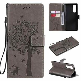 For OPPO Reno4 Pro 4G Tree & Cat Pattern Pressed Printing Horizontal Flip PU Leather Case with Holder & Card Slots & Wallet & Lanyard(Grey)