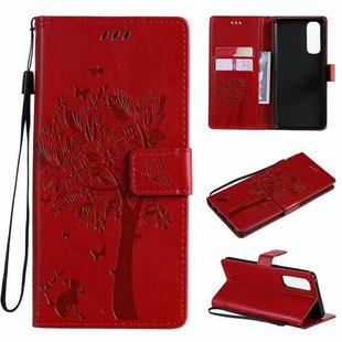 For OPPO Reno4 Pro 4G Tree & Cat Pattern Pressed Printing Horizontal Flip PU Leather Case with Holder & Card Slots & Wallet & Lanyard(Red)