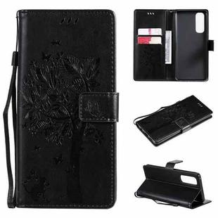 For OPPO Reno4 Pro 4G Tree & Cat Pattern Pressed Printing Horizontal Flip PU Leather Case with Holder & Card Slots & Wallet & Lanyard(Black)
