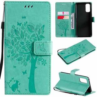 For OPPO Reno4 Tree & Cat Pattern Pressed Printing Horizontal Flip PU Leather Case with Holder & Card Slots & Wallet & Lanyard(Green)