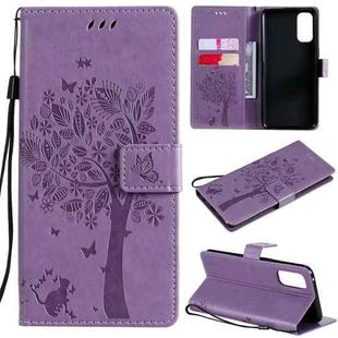 For OPPO Reno4 Tree & Cat Pattern Pressed Printing Horizontal Flip PU Leather Case with Holder & Card Slots & Wallet & Lanyard(Light Purple)