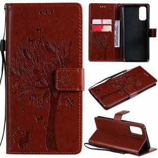 For OPPO Reno4 Tree & Cat Pattern Pressed Printing Horizontal Flip PU Leather Case with Holder & Card Slots & Wallet & Lanyard(Coffee)