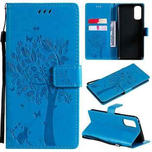For OPPO Reno4 Tree & Cat Pattern Pressed Printing Horizontal Flip PU Leather Case with Holder & Card Slots & Wallet & Lanyard(Blue)
