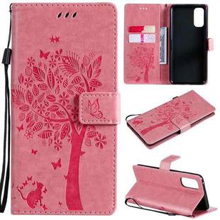 For OPPO Reno4 Tree & Cat Pattern Pressed Printing Horizontal Flip PU Leather Case with Holder & Card Slots & Wallet & Lanyard(Pink)