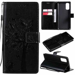 For OPPO Reno4 Tree & Cat Pattern Pressed Printing Horizontal Flip PU Leather Case with Holder & Card Slots & Wallet & Lanyard(Black)