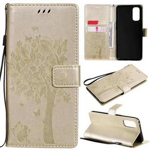 For OPPO Reno4 Tree & Cat Pattern Pressed Printing Horizontal Flip PU Leather Case with Holder & Card Slots & Wallet & Lanyard(Gold)